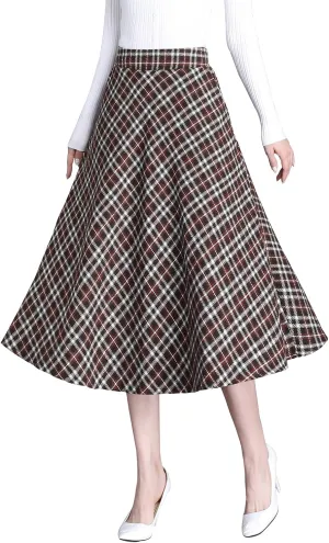 Womens Plaid Winter Long Skirt High Waist A-line Wool Pleated Skirt Elegant Midi Skirt