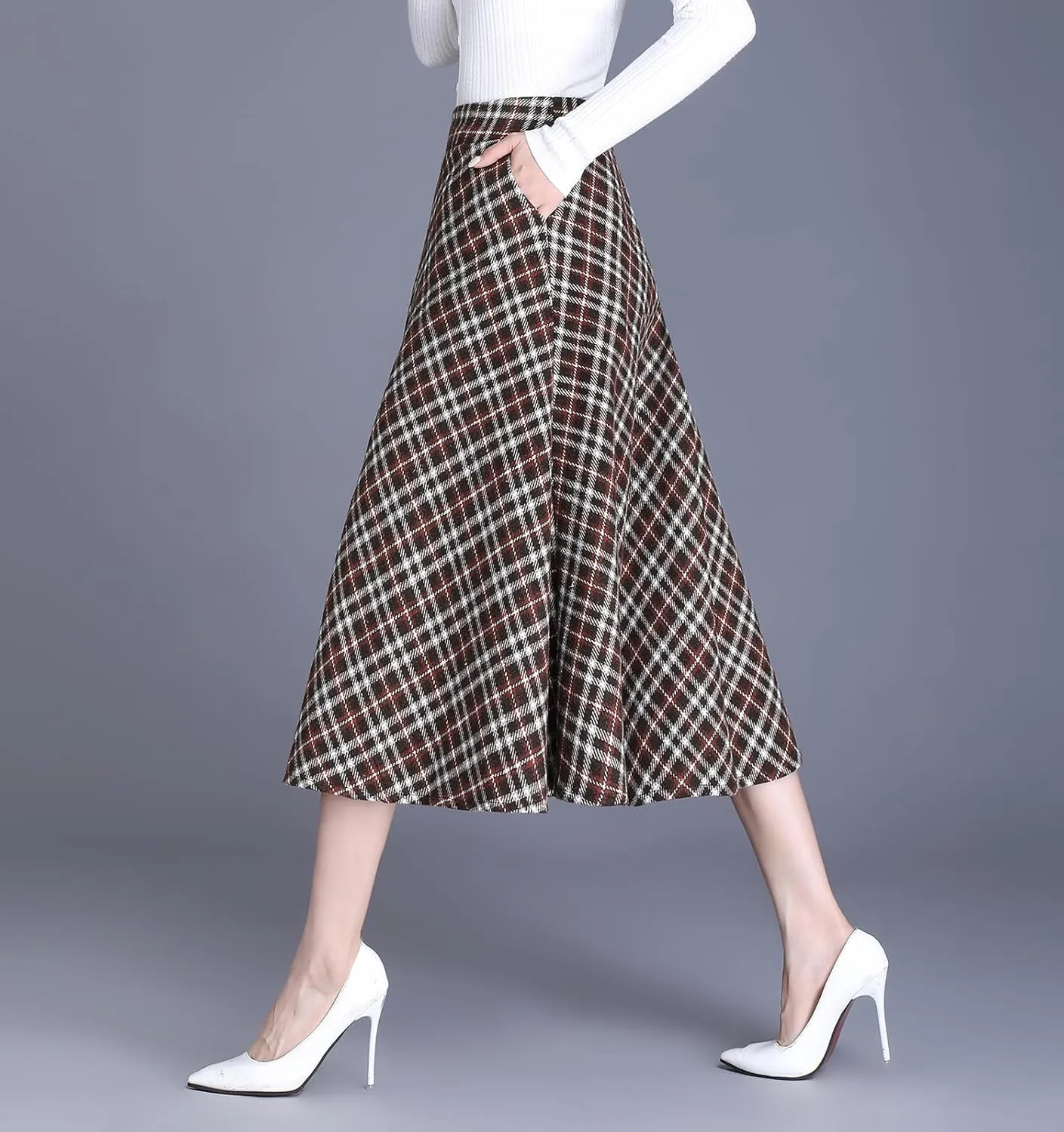 Womens Plaid Winter Long Skirt High Waist A-line Wool Pleated Skirt Elegant Midi Skirt