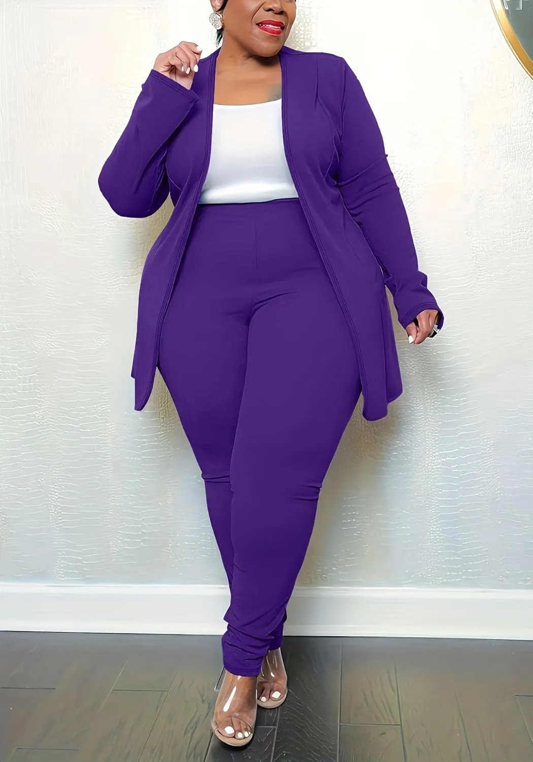 Women's Plus Size 2 Piece Outfits Open Front Blazer and High Waisted Long Pant Suit Set Business Loungewear