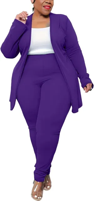 Women's Plus Size 2 Piece Outfits Open Front Blazer and High Waisted Long Pant Suit Set Business Loungewear