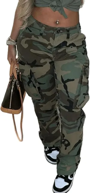 Women's Plus Size Cargo Camo Pants High Waist Slim Fit Camouflage Jogger Pants Sweatpants with Pockets