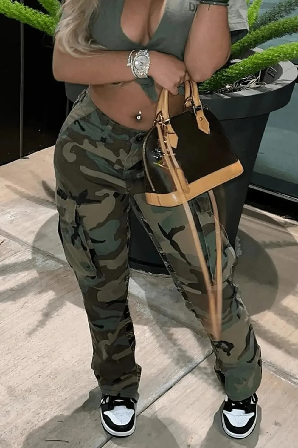 Women's Plus Size Cargo Camo Pants High Waist Slim Fit Camouflage Jogger Pants Sweatpants with Pockets