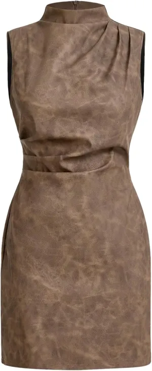 Women's PU Leather Ruched Bodycon Dresses Mock Neck Sleeveless Zipper Mini Tank Dress