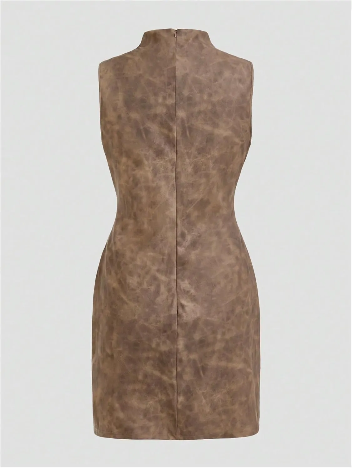 Women's PU Leather Ruched Bodycon Dresses Mock Neck Sleeveless Zipper Mini Tank Dress