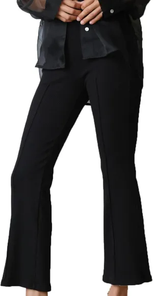 Women's Rib Flare Pants Elastic High Waist Seamed Creases Bell Bottom Trousers Workout Sweatpants
