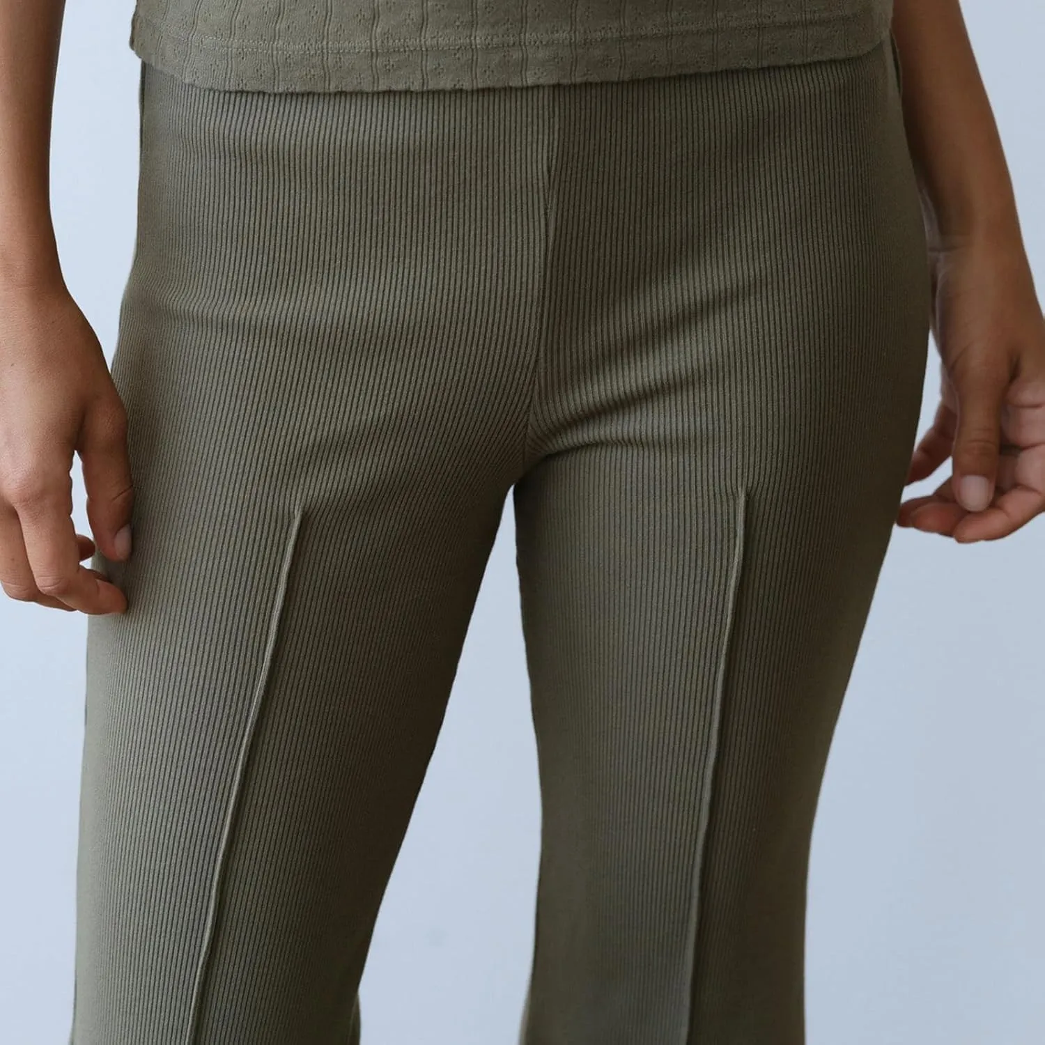 Women's Rib Flare Pants Elastic High Waist Seamed Creases Bell Bottom Trousers Workout Sweatpants