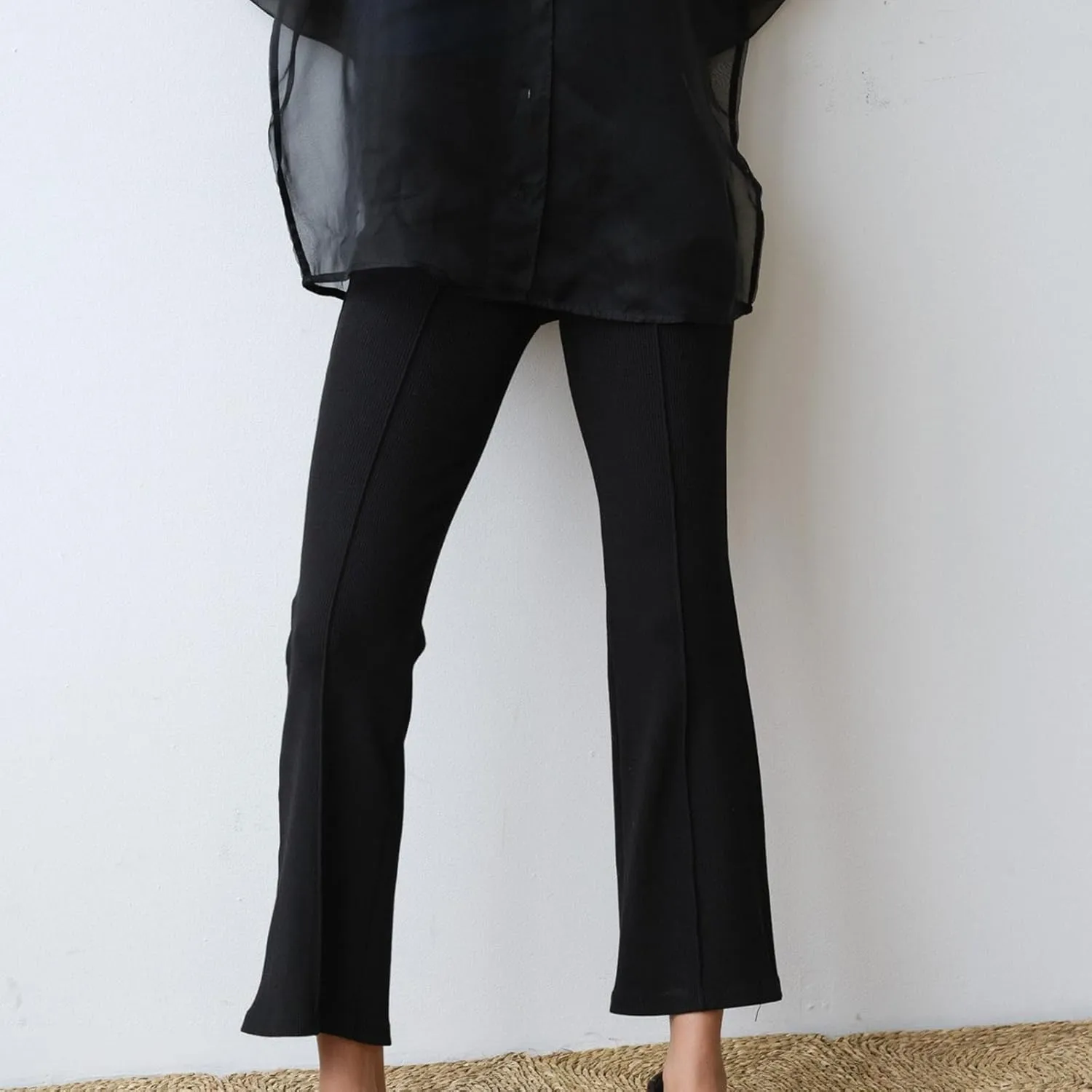 Women's Rib Flare Pants Elastic High Waist Seamed Creases Bell Bottom Trousers Workout Sweatpants