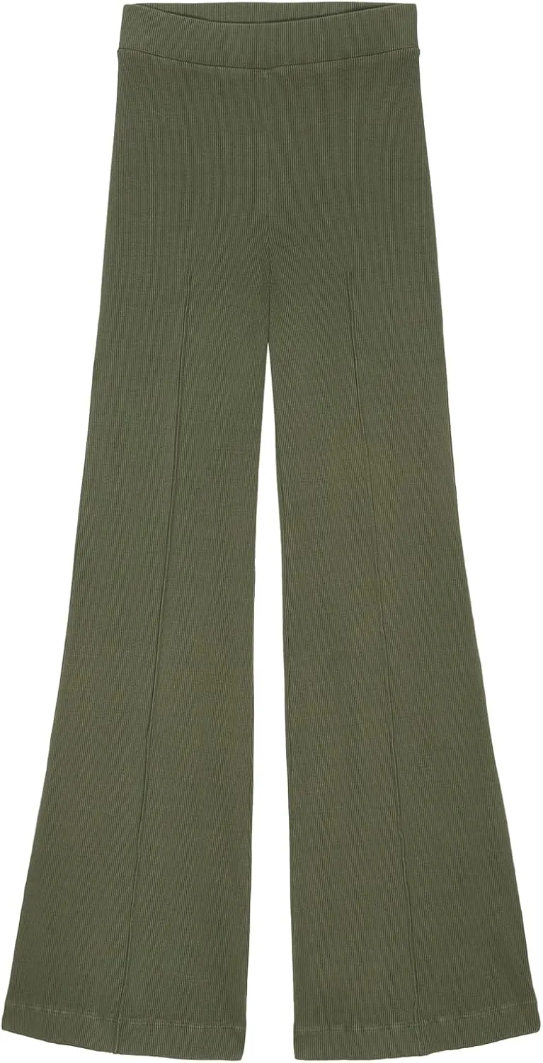 Women's Rib Flare Pants Elastic High Waist Seamed Creases Bell Bottom Trousers Workout Sweatpants
