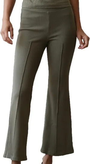 Women's Rib Flare Pants Elastic High Waist Seamed Creases Bell Bottom Trousers Workout Sweatpants