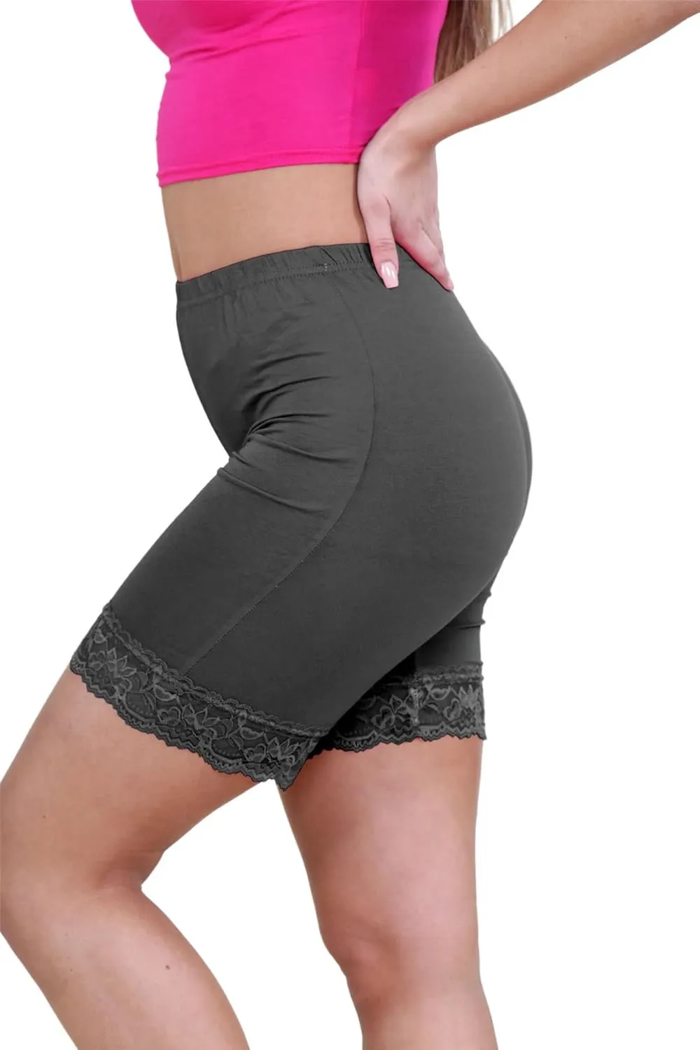 Womens Scallop Lace Trim Plain Gym Bike Tights Viscose Cycling Shorts Hot Pants