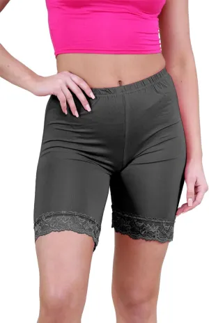 Womens Scallop Lace Trim Plain Gym Bike Tights Viscose Cycling Shorts Hot Pants