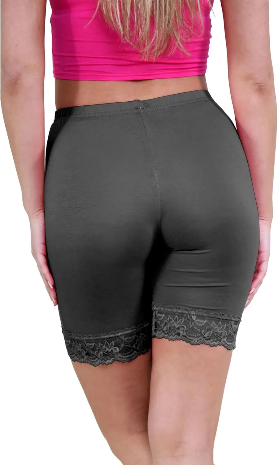 Womens Scallop Lace Trim Plain Gym Bike Tights Viscose Cycling Shorts Hot Pants