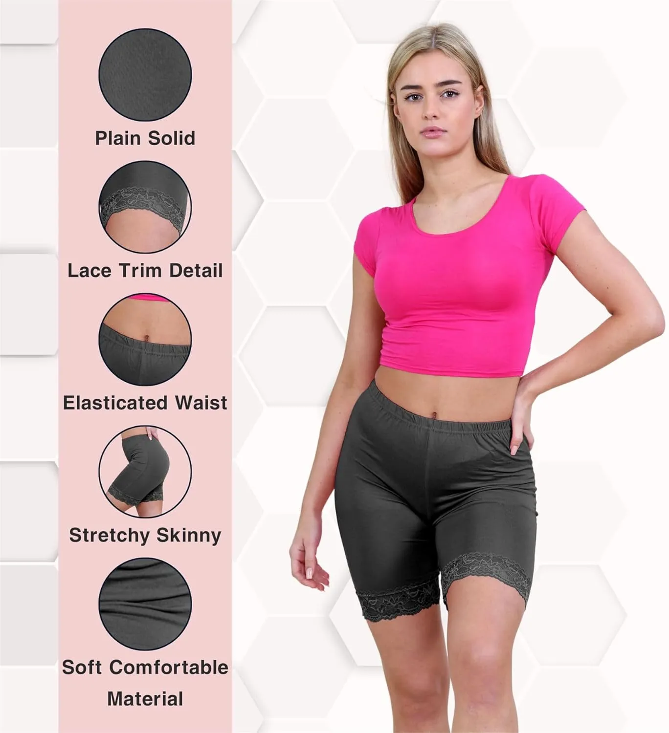 Womens Scallop Lace Trim Plain Gym Bike Tights Viscose Cycling Shorts Hot Pants