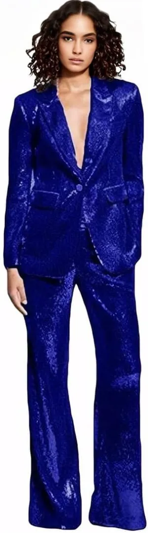 Women's Sequined Fashion Suit Set One Button 2 Piece Wedding Tuxedos Blazer Pants Prom Party Outfit