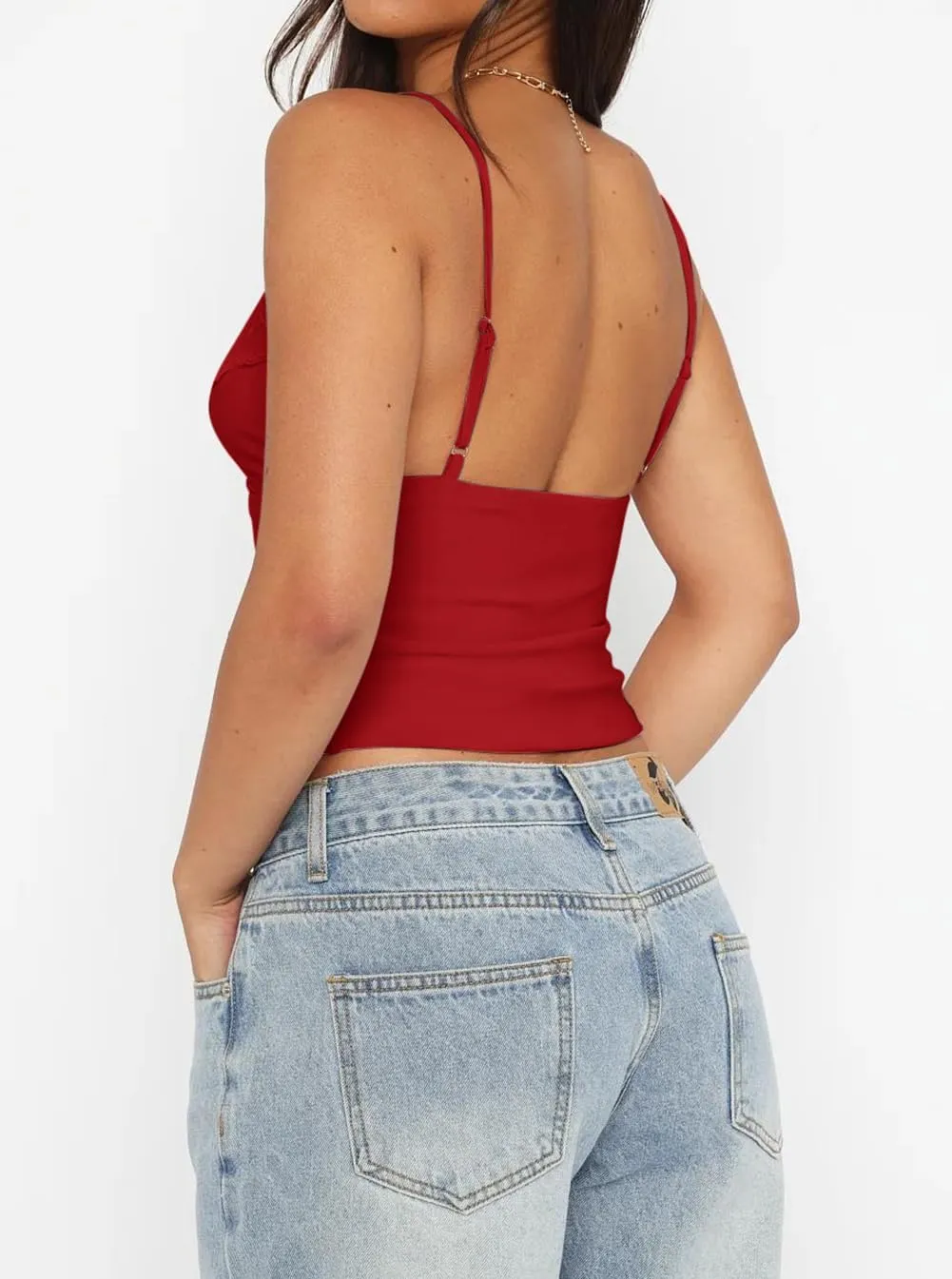 Women's Sexy Lace V Neck Spaghetti Strap Tank Top Sleeveless Double Lined Fitted Going Out Camisole Tops