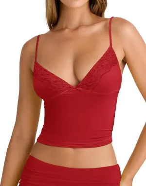 Women's Sexy Lace V Neck Spaghetti Strap Tank Top Sleeveless Double Lined Fitted Going Out Camisole Tops