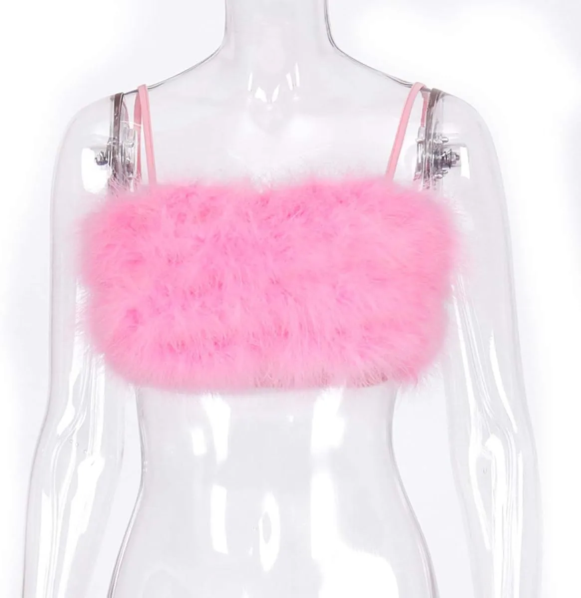 Women's Sexy Rave Festival Feather Crop Tops Faux Fur Spaghetti Straps Tube Top Camisole for Party Festival Club