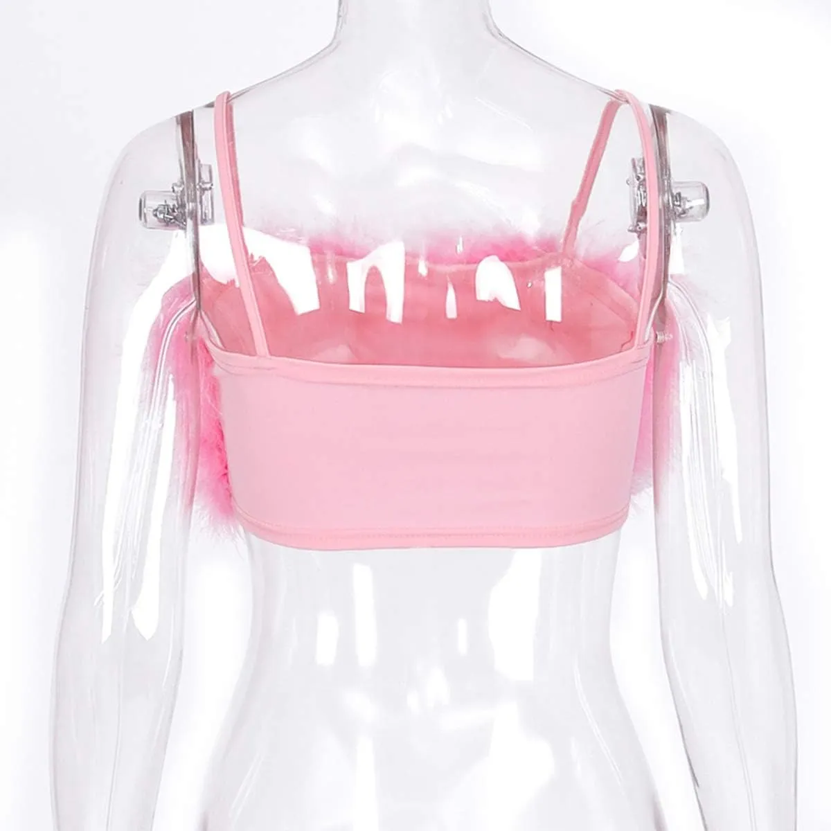 Women's Sexy Rave Festival Feather Crop Tops Faux Fur Spaghetti Straps Tube Top Camisole for Party Festival Club