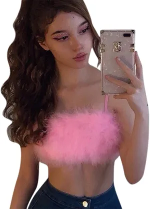 Women's Sexy Rave Festival Feather Crop Tops Faux Fur Spaghetti Straps Tube Top Camisole for Party Festival Club