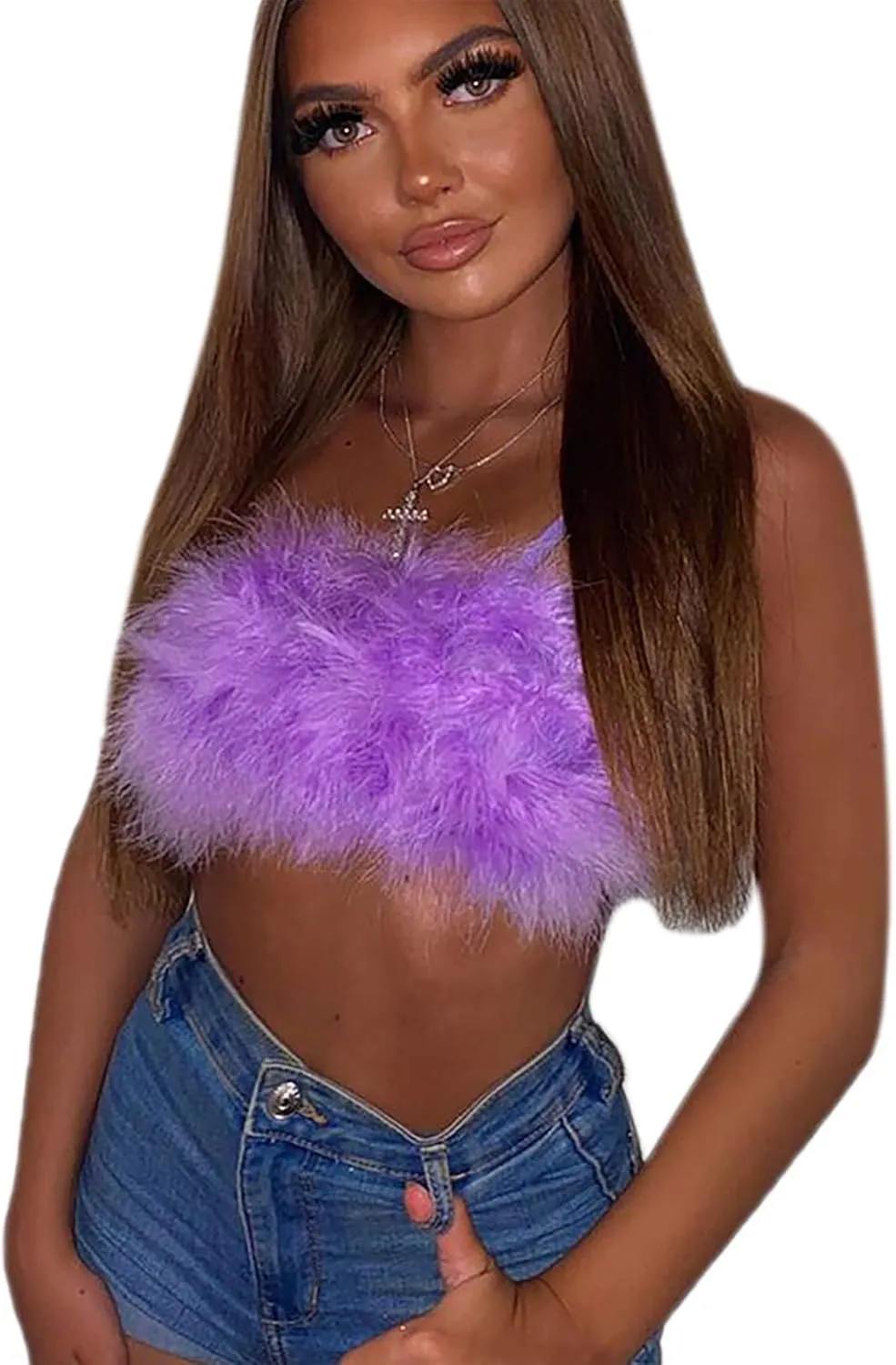 Women's Sexy Rave Festival Feather Crop Tops Faux Fur Spaghetti Straps Tube Top Camisole for Party Festival Club