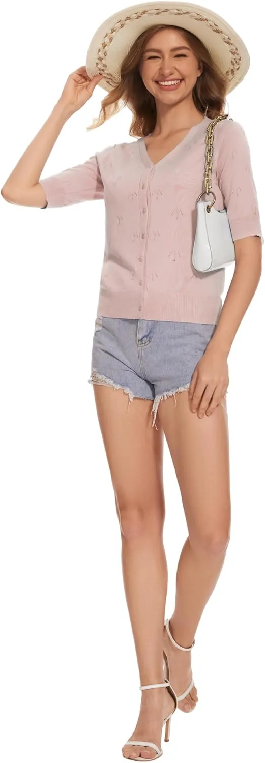 Women's Short Sleeve V Neck Shrugs Button Down Knit Cropped Cardigan Sweater Tops
