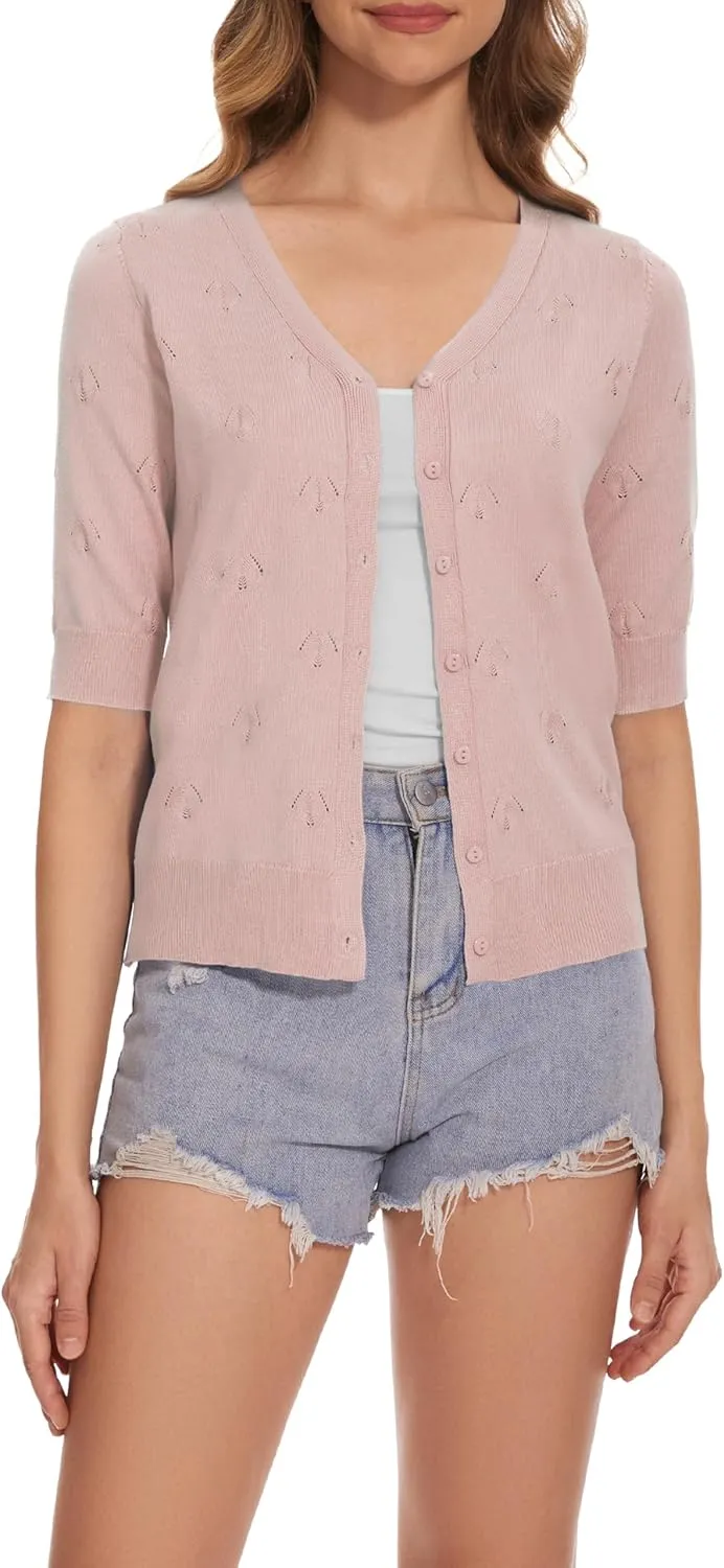 Women's Short Sleeve V Neck Shrugs Button Down Knit Cropped Cardigan Sweater Tops