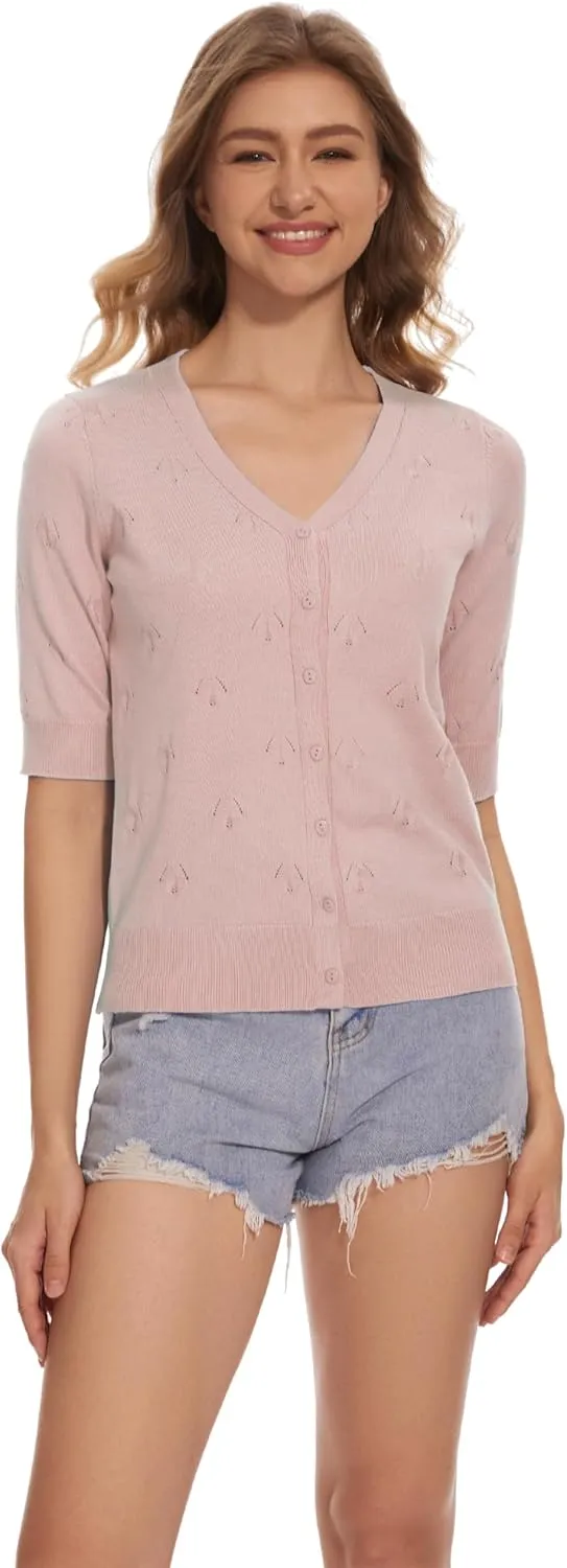 Women's Short Sleeve V Neck Shrugs Button Down Knit Cropped Cardigan Sweater Tops
