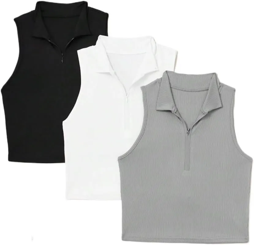 Womens Sleeveless Camisole Tank Tops Blouse Casual Slimming Rib-Knit Zipper Front Tank Top