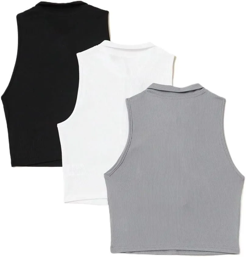 Womens Sleeveless Camisole Tank Tops Blouse Casual Slimming Rib-Knit Zipper Front Tank Top