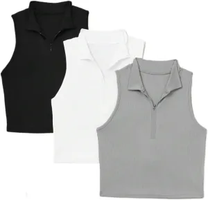Womens Sleeveless Camisole Tank Tops Blouse Casual Slimming Rib-Knit Zipper Front Tank Top