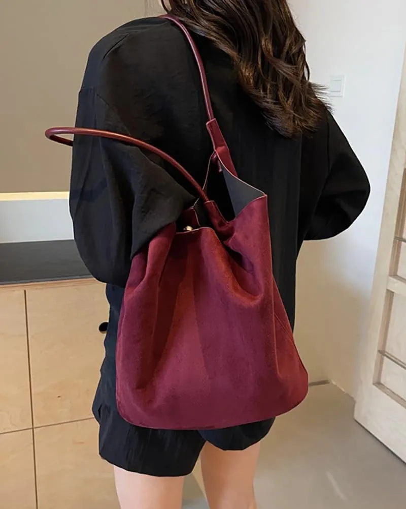 Womens Soft Suede Tote Bag Faux Leather Handbag Large Vintage Top Handle Bag Bucket Shoulder Satchel 2pcs Purse