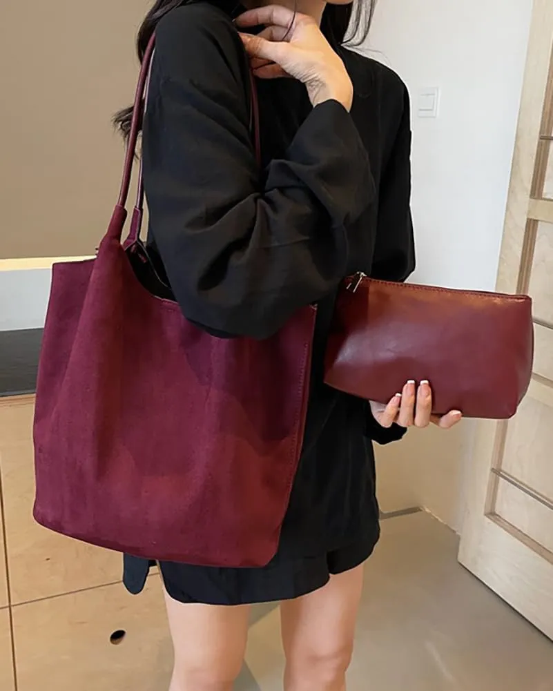 Womens Soft Suede Tote Bag Faux Leather Handbag Large Vintage Top Handle Bag Bucket Shoulder Satchel 2pcs Purse