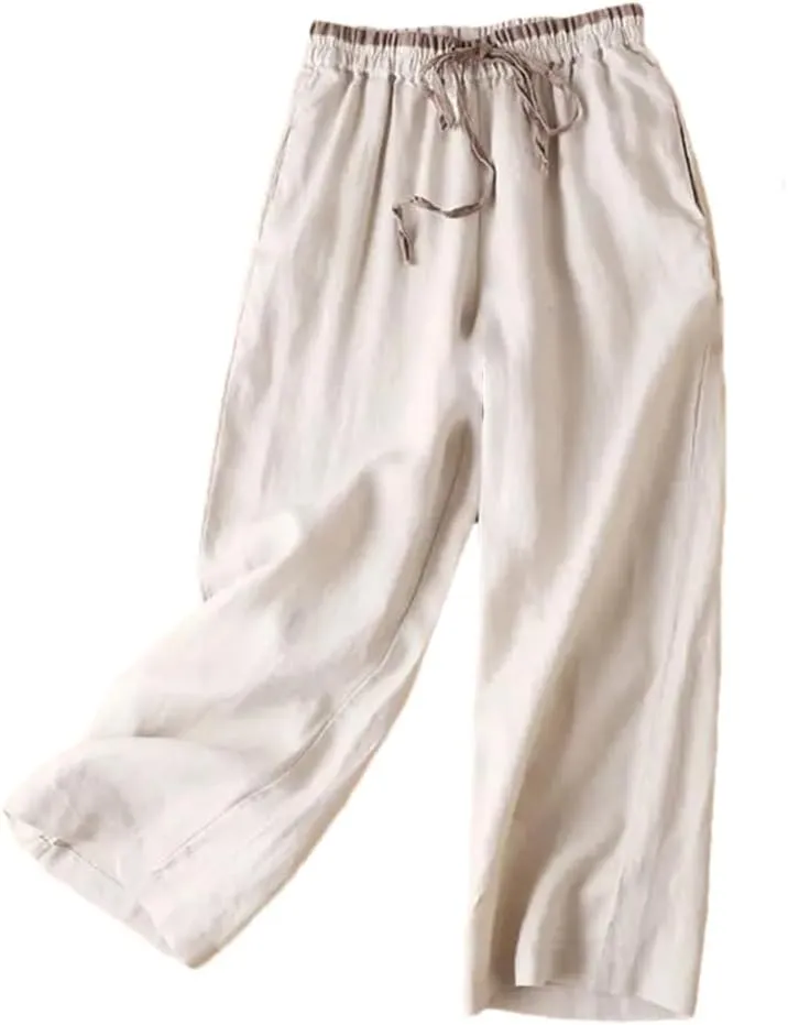 Women's Solid Color Nine-Point Harem Pants Casual Drawstring Cotton and Linen Harem Pants