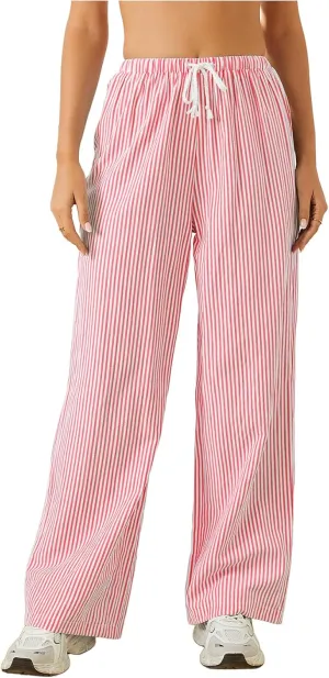 Women's Striped Print Straight Wide Leg Linen Pants Drawstring Waist Slant Pockets Pants Casual Long Pants