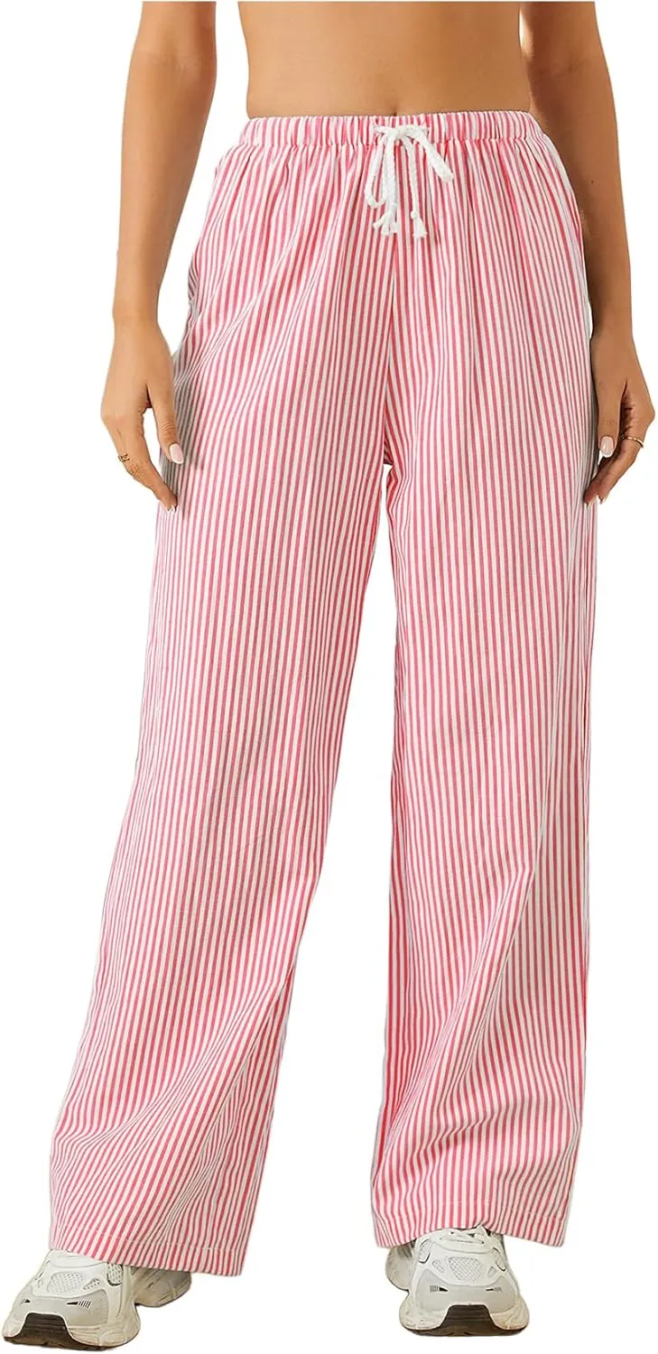 Women's Striped Print Straight Wide Leg Linen Pants Drawstring Waist Slant Pockets Pants Casual Long Pants