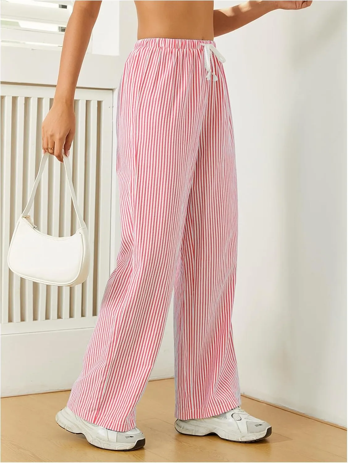 Women's Striped Print Straight Wide Leg Linen Pants Drawstring Waist Slant Pockets Pants Casual Long Pants
