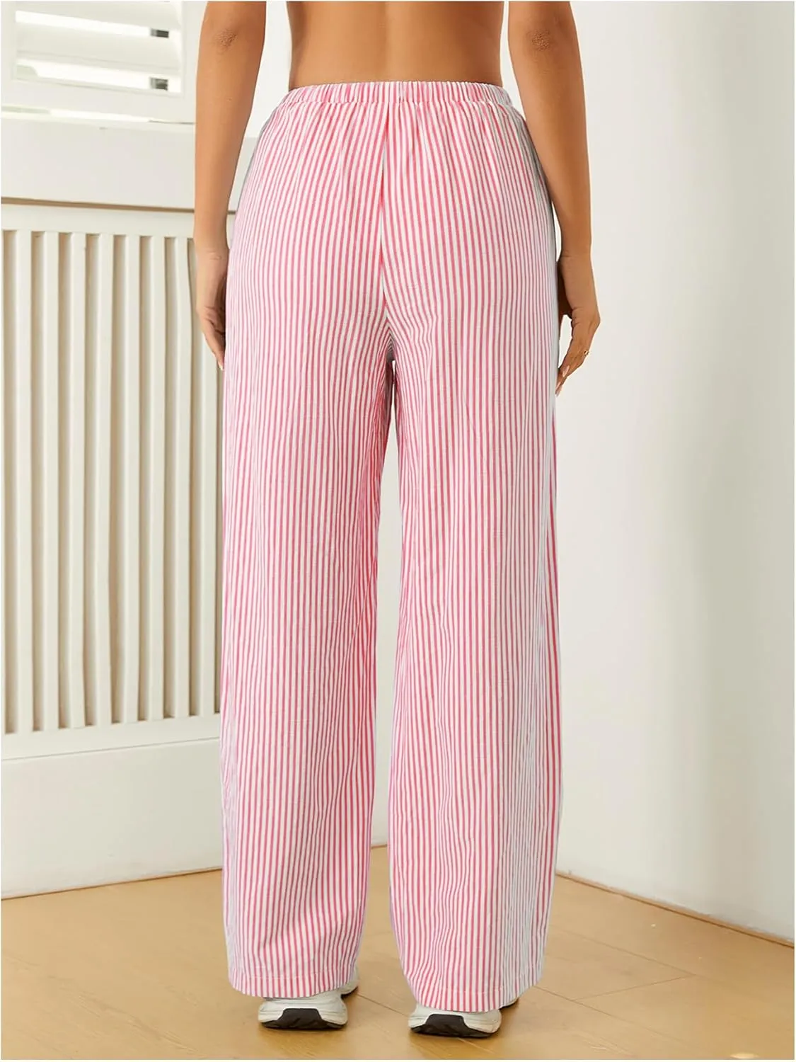 Women's Striped Print Straight Wide Leg Linen Pants Drawstring Waist Slant Pockets Pants Casual Long Pants