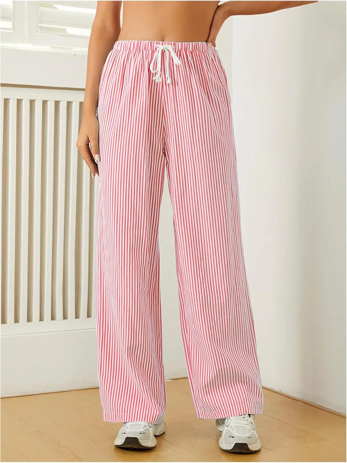 Women's Striped Print Straight Wide Leg Linen Pants Drawstring Waist Slant Pockets Pants Casual Long Pants