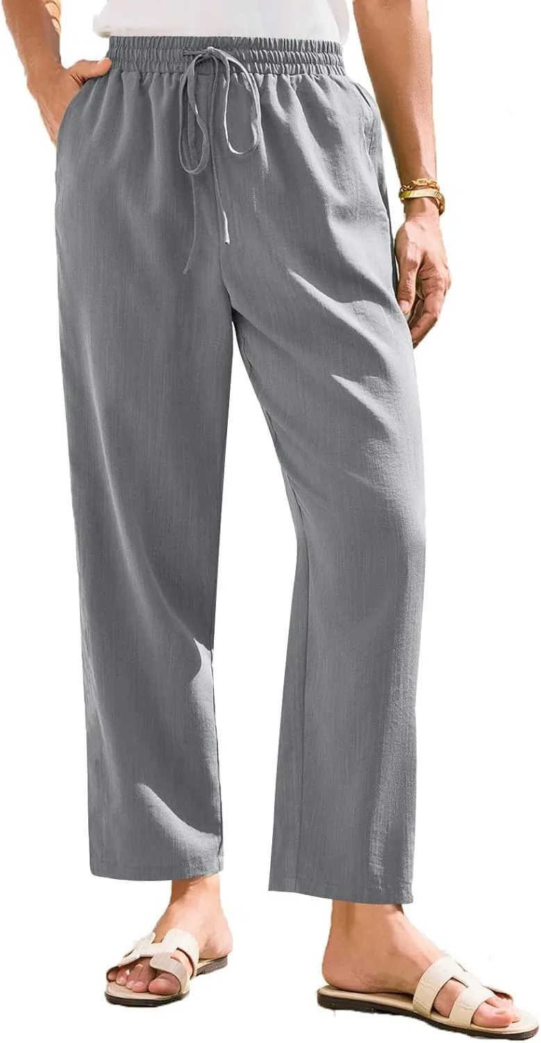 Womens Summer Casual Cotton and Linen High Waist Pants 2025 Fashion Drawstring Loose Fit Trousers with Pockets