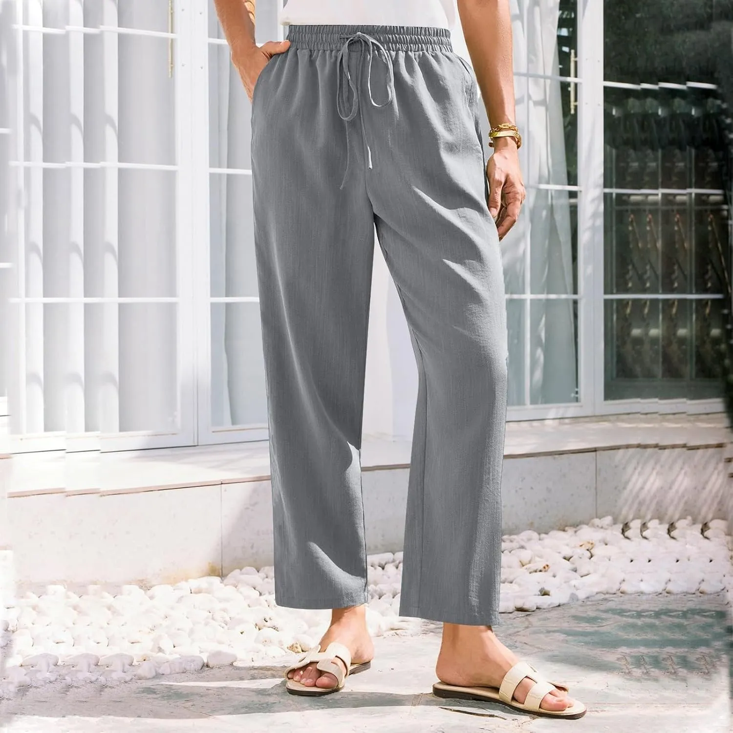 Womens Summer Casual Cotton and Linen High Waist Pants 2025 Fashion Drawstring Loose Fit Trousers with Pockets