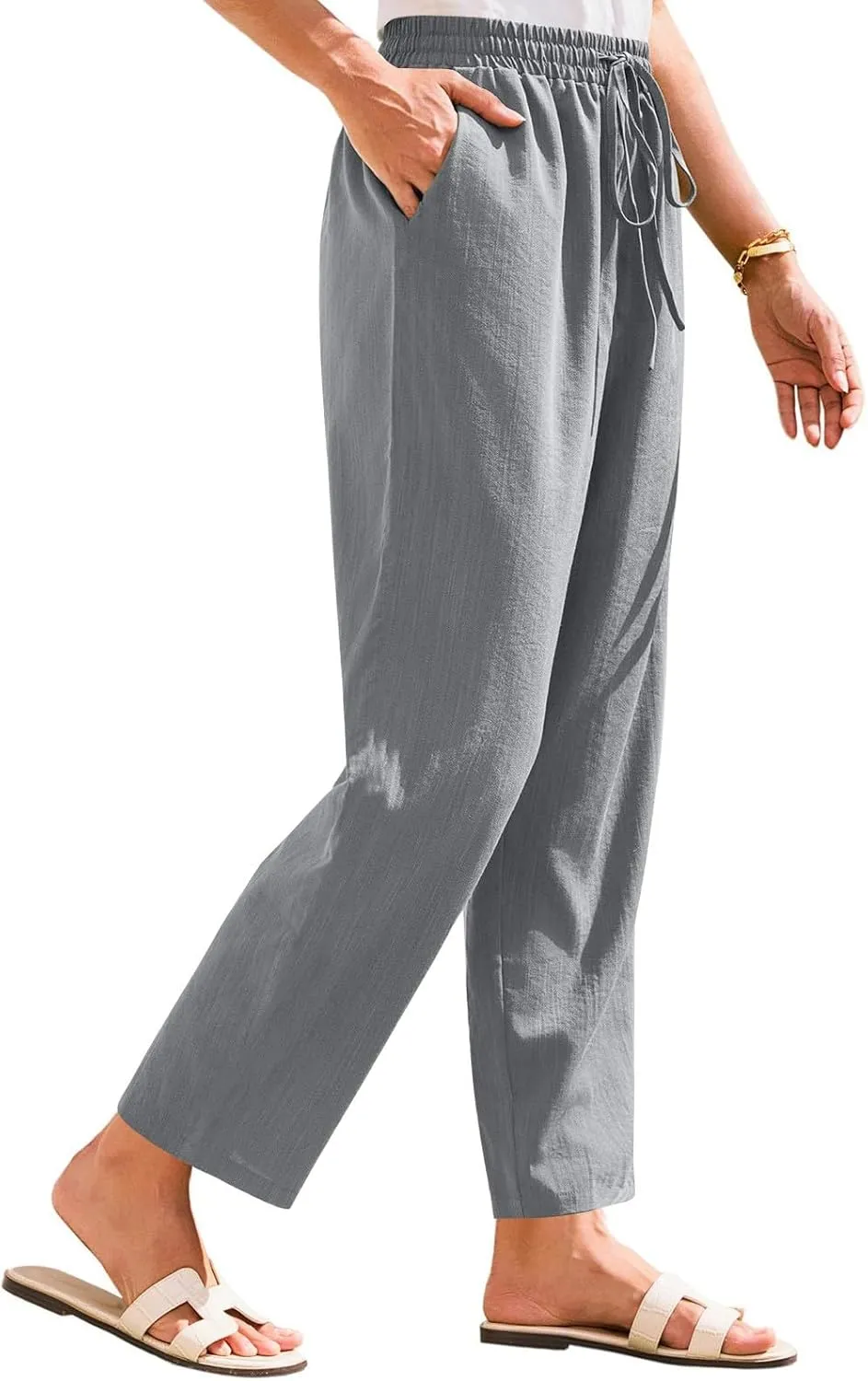 Womens Summer Casual Cotton and Linen High Waist Pants 2025 Fashion Drawstring Loose Fit Trousers with Pockets