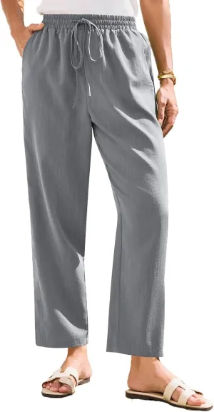 Womens Summer Casual Cotton and Linen High Waist Pants 2025 Fashion Drawstring Loose Fit Trousers with Pockets