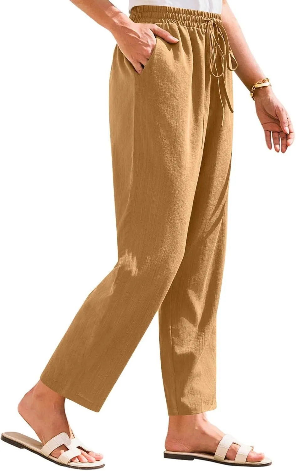 Womens Summer Casual Cotton and Linen High Waist Pants 2025 Fashion Drawstring Loose Fit Trousers with Pockets