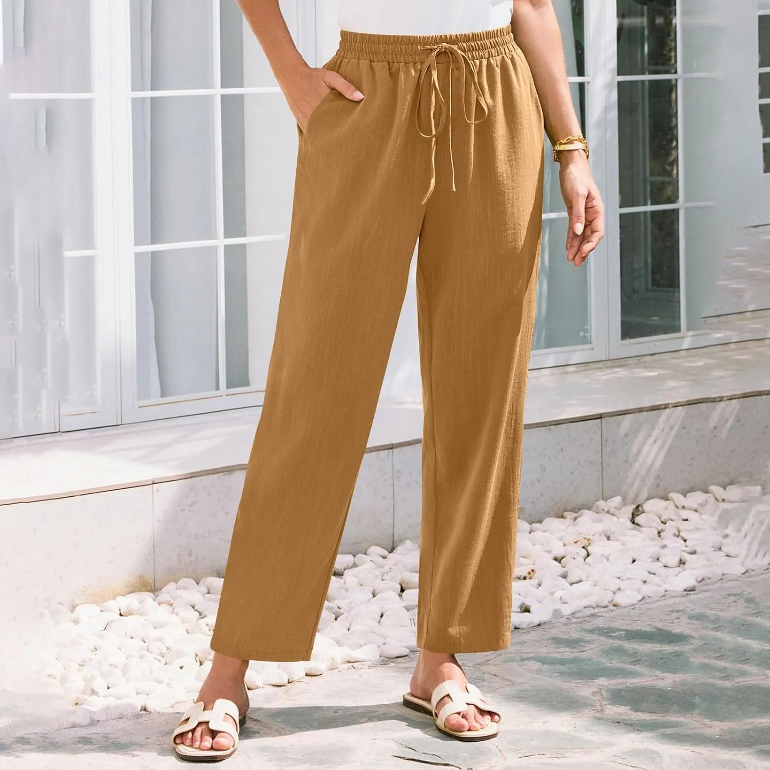 Womens Summer Casual Cotton and Linen High Waist Pants 2025 Fashion Drawstring Loose Fit Trousers with Pockets