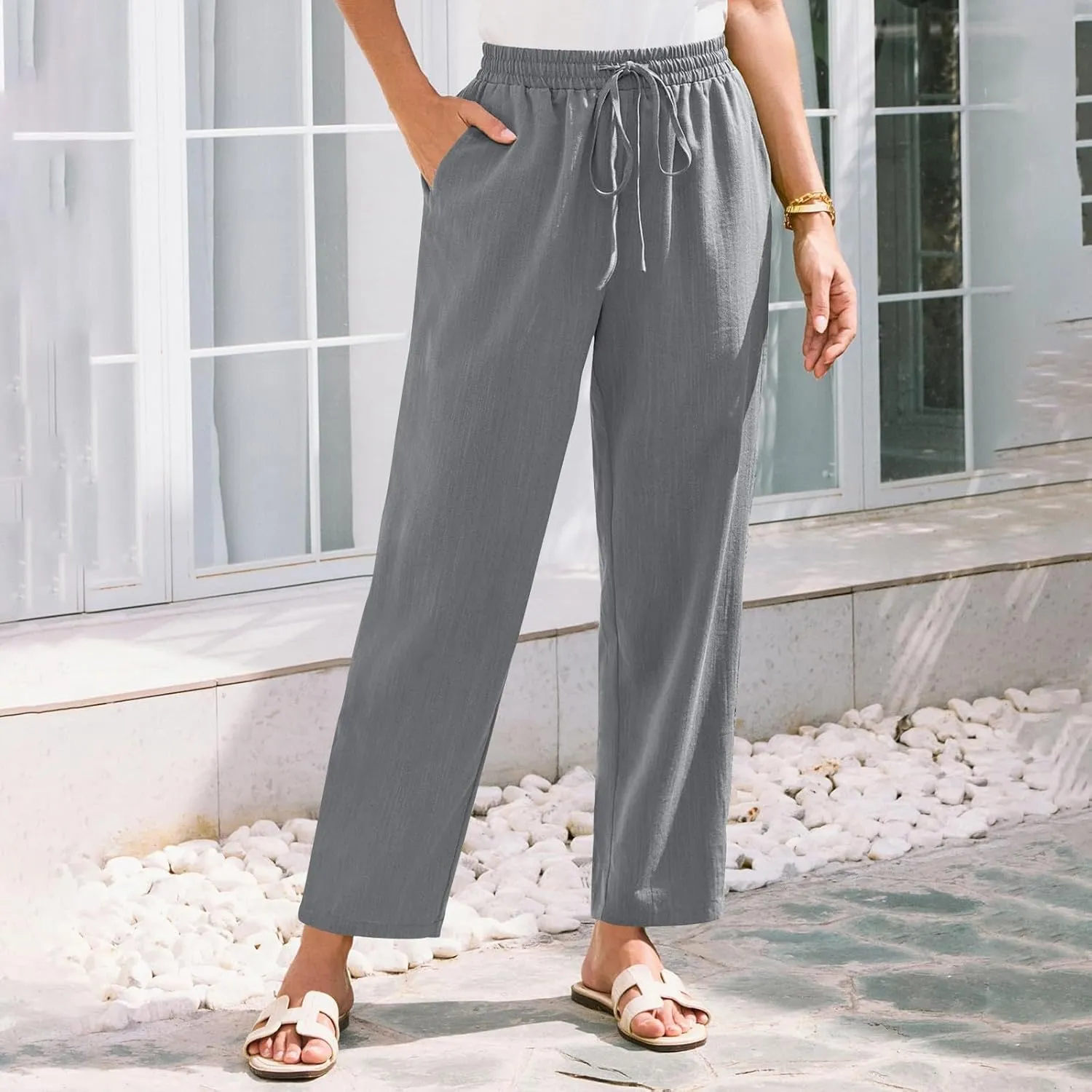 Womens Summer Casual Cotton and Linen High Waist Pants 2025 Fashion Drawstring Loose Fit Trousers with Pockets