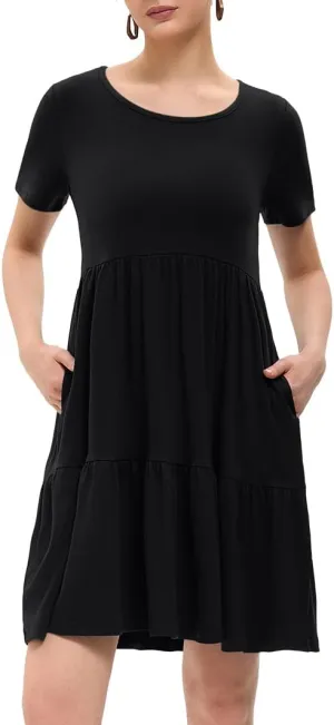 Women's Summer Casual Dress Short Sleeve Crewneck T Shirt Sundress Mini Beach Vacation Dresses with Pockets