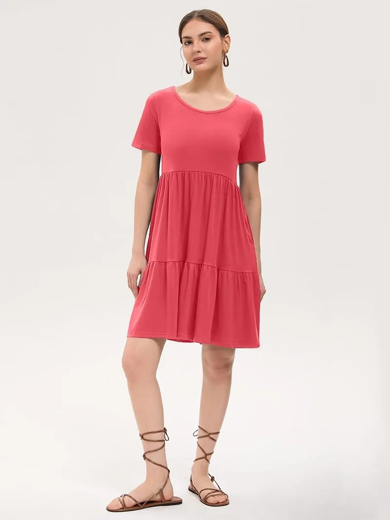 Women's Summer Casual Dress Short Sleeve Crewneck T Shirt Sundress Mini Beach Vacation Dresses with Pockets