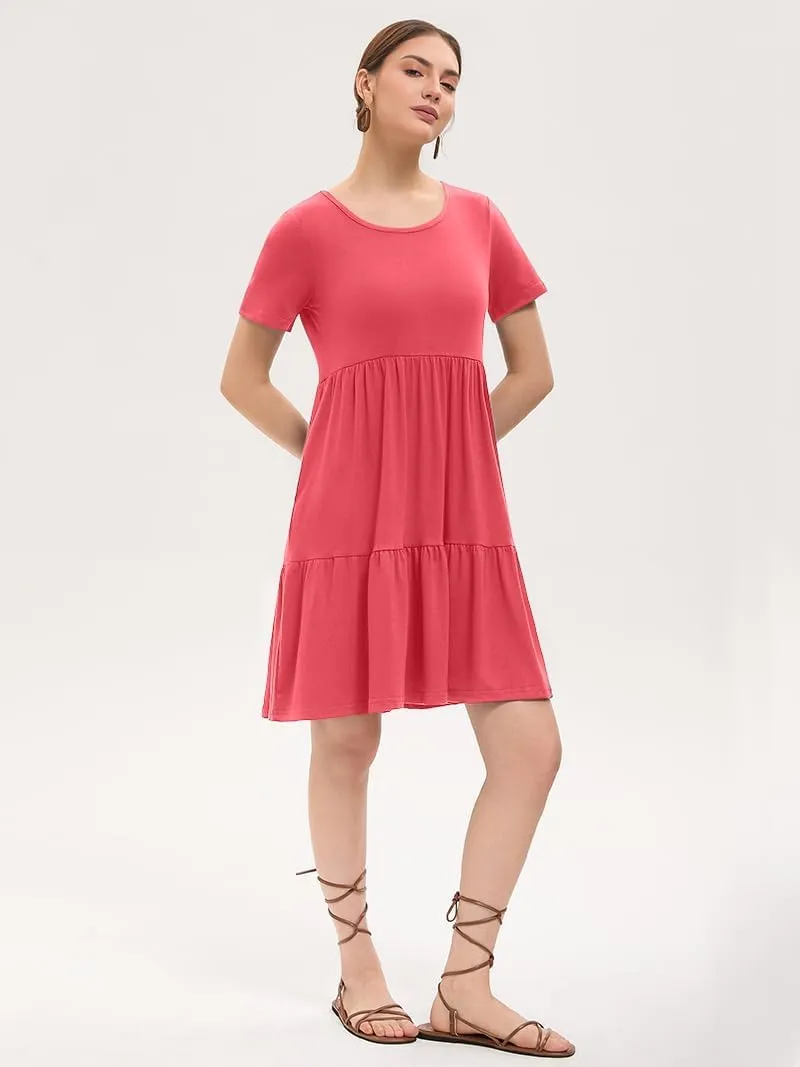 Women's Summer Casual Dress Short Sleeve Crewneck T Shirt Sundress Mini Beach Vacation Dresses with Pockets