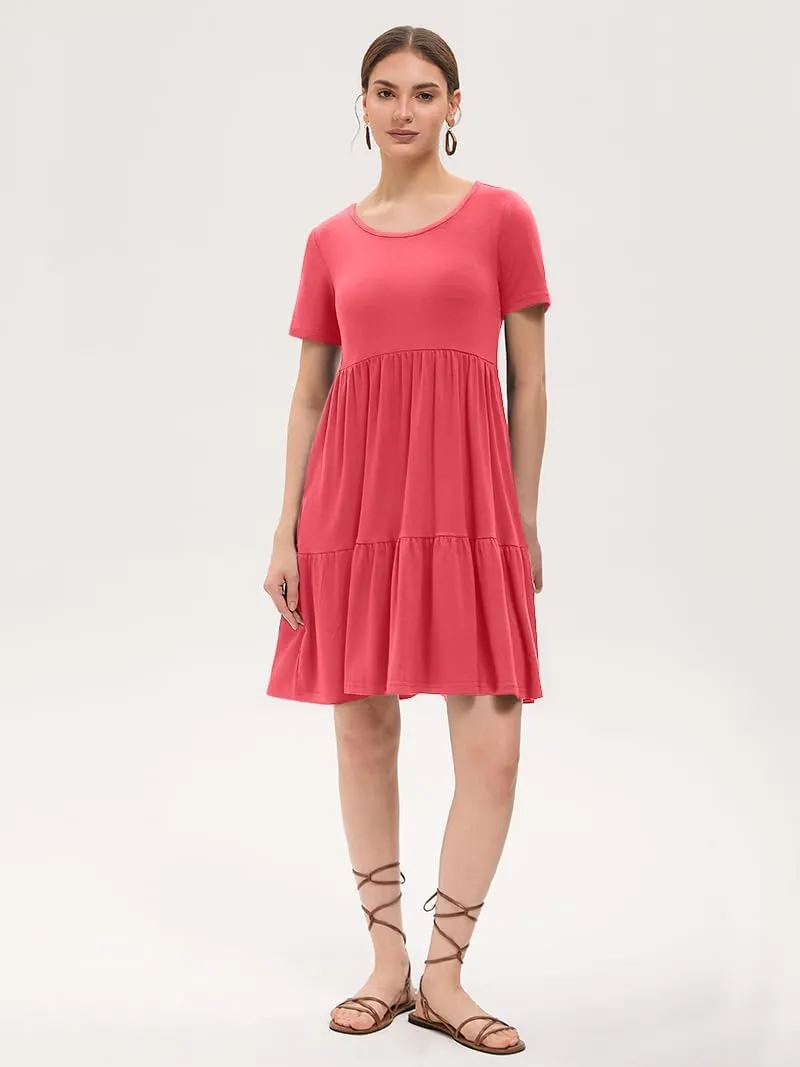 Women's Summer Casual Dress Short Sleeve Crewneck T Shirt Sundress Mini Beach Vacation Dresses with Pockets