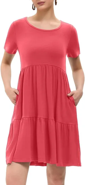 Women's Summer Casual Dress Short Sleeve Crewneck T Shirt Sundress Mini Beach Vacation Dresses with Pockets